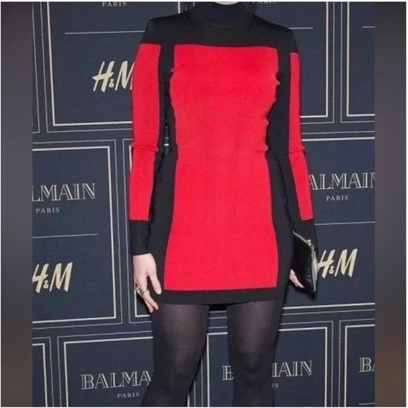 BALMAIN x H&M Black Red Two-Tone Colorblock Knit Mock Neck Zip Up Mini Dress  10
